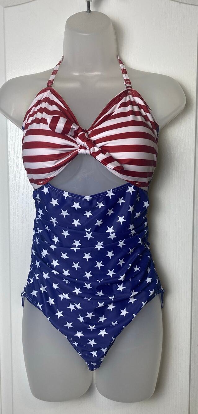 TEMPT ME USA FLAG HALTER TIE FRONT KNOT BOW MONOKINI Size Medium NWT